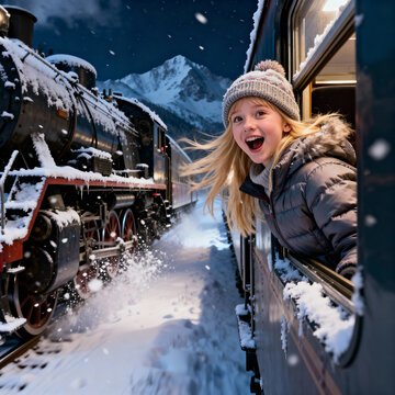 An excited blonde girl gleefully leans out of a passenger train window, observing a snow-covered steam locomotive passing in a breathtaking, snowy mountain night.