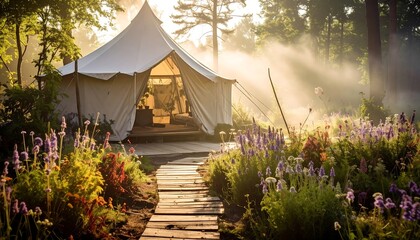 Enchanting Glamping Tent in a Lush Forest at Sunrise.
