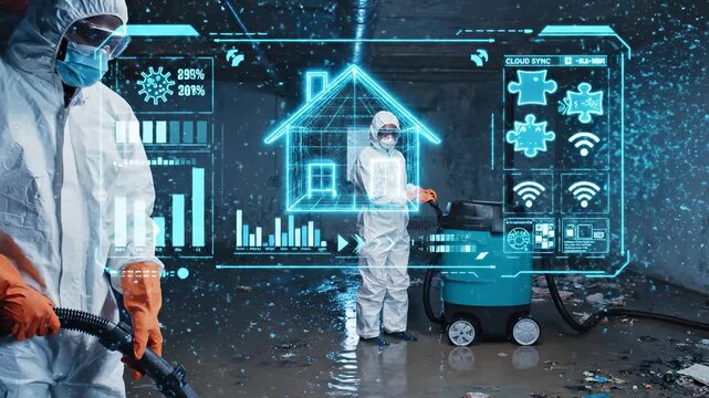 Cleaners in hazmat suits vacuuming flooded basement with glowing holographic remediation data and house wireframe floating in air