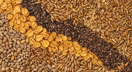 Close-up texture of various raw cereal grains arranged to provide generous copy space for text overlays or product promotions, design, blank, negative