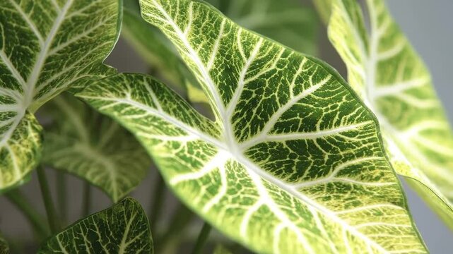 A captivating close-up shot reveals the stunning intricate patterns and vibrant hues of a lush green plant leaf. Delicate white and yellow veins form a complex, organic network against a backdrop of v