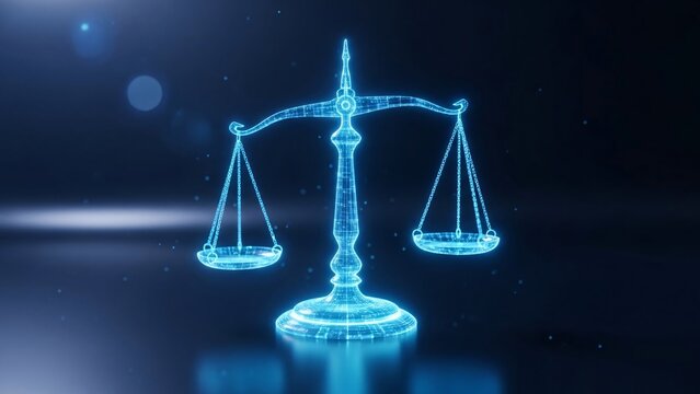 Futuristic glowing digital scale of justice symbolizing law fairness balance and legal principles in a high-tech environment for legal or technology themed projects