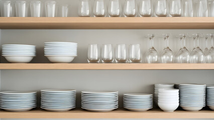 Dishes and glasses on wooden shelves in modern kitchen storage
