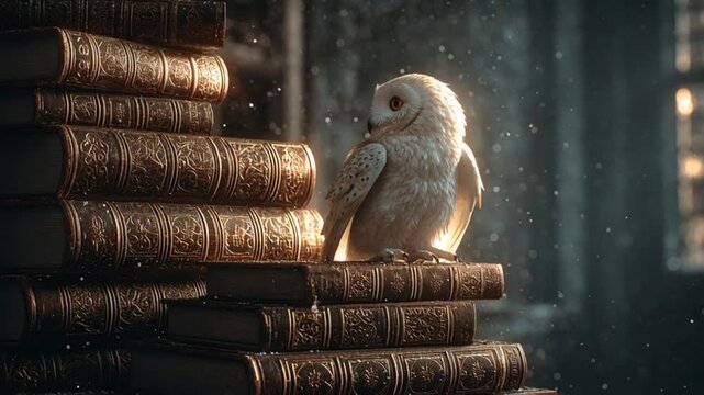 White owl perched on a pile of old leather bound books.