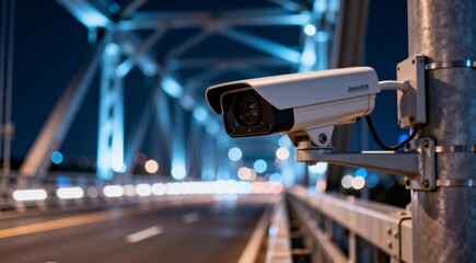 Surveillance camera on bridge at night