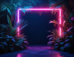 Neon frame glows in lush tropical foliage. Vibrant pink and blue lights illuminate exotic plants and dark night background. Empty space invites text or design elements for parties or summer themes.
