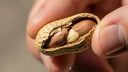 A person's fingers carefully cracking open a single peanut shell to reveal two kernels inside.