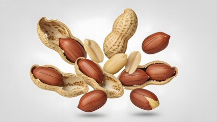 Close-up studio shot of various peanuts, some shelled and some unshelled, scattered against a light background.