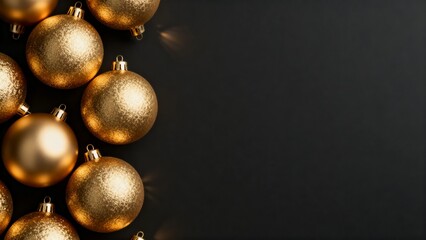 Gold Christmas ornaments on black background