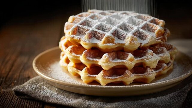 Delicious stack of powdered sugar waffles on a plate.