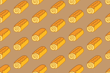 Swiss roll cake colorful doodle seamless pattern on tan background set for culinary. Cream roll cake cartoon pattern background for bakery. Sponge roll isolated illustration motif for pastries