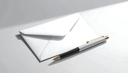 Elegant White Envelope and Pen on a White Surface with Dramatic Shadows.