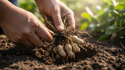 Harvesting Fresh Peanuts from Soil by Hand, Organic Agriculture Concept