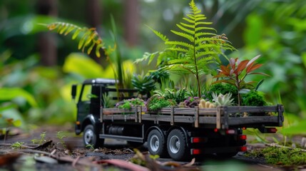 Miniature Truck Loaded with Greenery and Plants Amidst Lush Tropical Environment