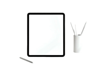 Blank digital tablet with stylus and pens in holder