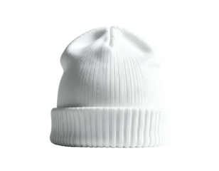 A white ribbed knit beanie hat on a black background (1)