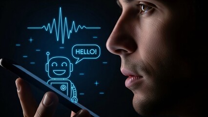 Close-up of a young man interacting with a futuristic holographic interface featuring a friendly robot and digital health icons for innovative technology concepts