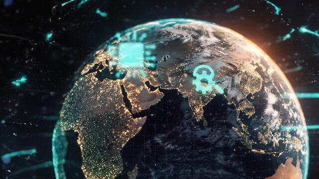 View of digital wireframe Earth in space with glowing holographic network cloud and wifi signal data charts orbiting planet