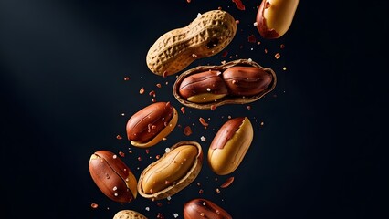 Peanuts Exploding in Mid Air with Dark Background, Dynamic Food Motion Concept