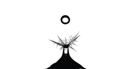 A striking black and white abstract image featuring a pointed shape with a circular element above it