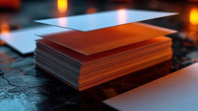 A stack of blank white cards on a dark surface with orange lights