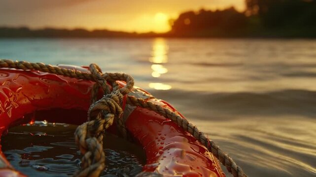 A lifebuoy floats on water at sunset with a rope wrapped around it.