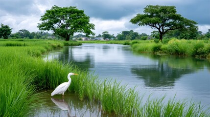 White egret standing in green grass river landscape