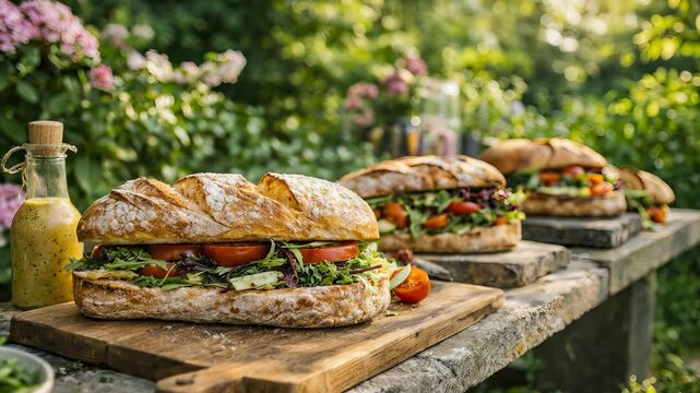 Gourmet vegetarian ciabatta sandwich with fresh vegetables and olive oil bottle on rustic wooden picnic table in garden at golden hour