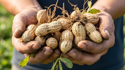 Close-up of a farmer's dirty hands holding a fresh harvest of raw peanuts with roots and soil.