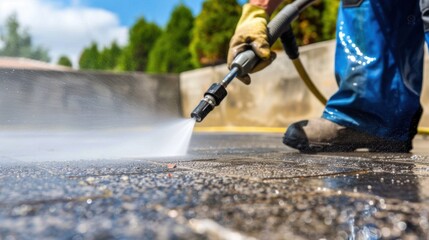Person Using High-Pressure Washer to Clean Outdoor Surface with Water Spray and Sunlight in Background