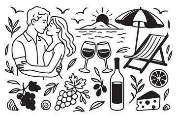 Obraz premium Italian Amalfi summer wedding vacation doodle style illustrations. Vector ink hand drawn Italy coast sea, lemons, wine and food elements. Sea weekend prints for invitation card to beach party, picnic