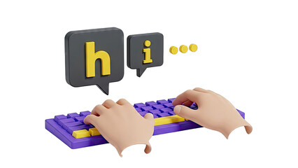 3D illustration of hands typing 'hi' on a keyboard with chat bubbles