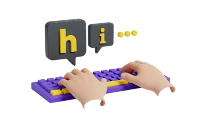 3D illustration of hands typing 'hi' on a keyboard with chat bubbles