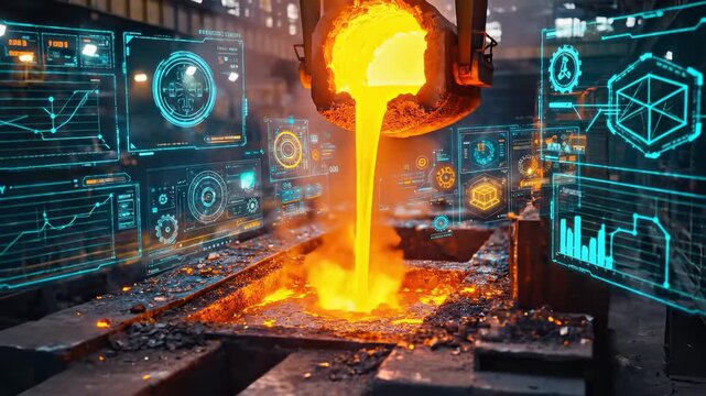 Molten steel pouring from ladle into mold in industrial foundry with glowing holographic temperature gauges and data charts monitoring process