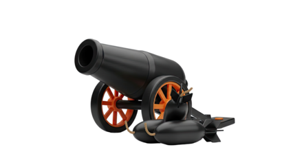 3D Render of a Black Cannon with Orange Wheels and Bombs