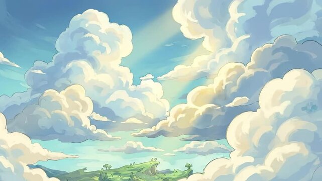 An idyllic cartoon-style landscape unfolds under a vibrant blue sky filled with majestic, sun-kissed cumulus clouds. Golden rays of light pierce through the fluffy white formations, casting a gentle g