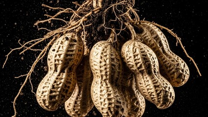 Freshly harvested peanuts with roots and soil clinging to their shells, against a dark background.