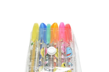 A pack of colorful fountain pens for schoolchildren isolated on a PNG background.