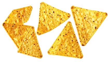 Piled corn chips, golden-orange, triangle shapes