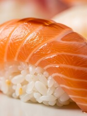 Macro Close-Up of Salmon Nigiri Sushi, Vibrant Colors and Fresh Look