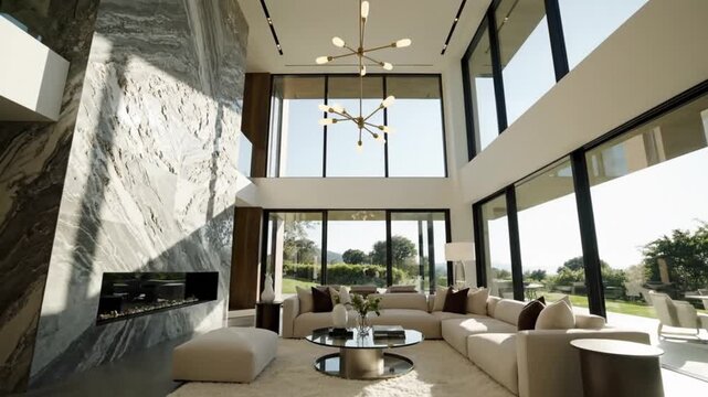 Cinematic walkthrough of a modern living room with soaring high ceilings, abundant natural light from large windows, double-height stone-textured accent wall, bright and elegant interior atmosphere