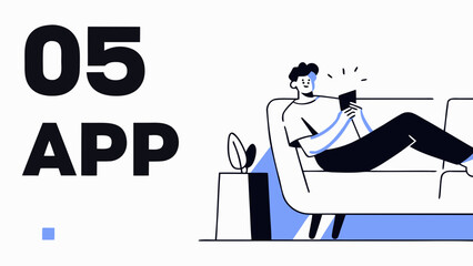 Man relaxing on sofa browsing phone in casual living room setting with modern furniture