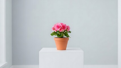 Minimalist floral composition with pink begonia in ceramic pot indoors