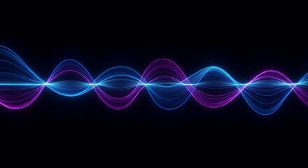Abstract dark background featuring a vibrant, flowing blue and purple sine wave, representing rhythmic frequency, cyclic change, and energetic movement, energy, wave, fluid
