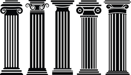Naklejka premium Classic Greek Pillar, Greek column silhouette. Ancient pillars Greek stylized decorative columns for museum historical exhibition recent vector flat symbols set isolated