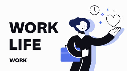 Person balancing work and life with briefcase and heart icons, symbolizing harmony and time