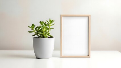 Minimalist photo frame with succulent plant on modern office table setting