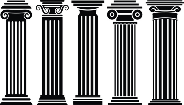 Classic Greek Pillar, Greek column silhouette. Ancient pillars Greek stylized decorative columns for museum historical exhibition recent vector flat symbols set isolated