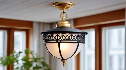 Brass and black metal pendant light illuminating room