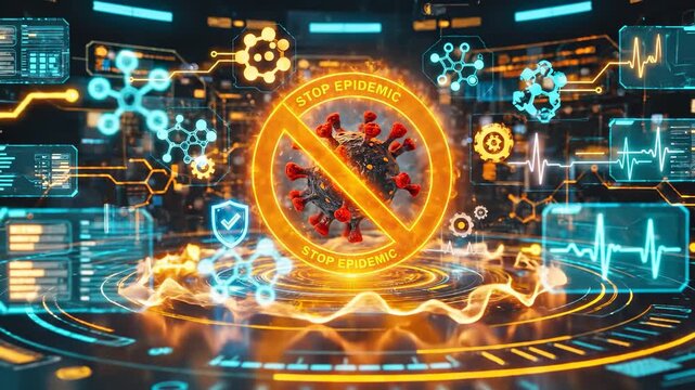 Glowing holographic stop epidemic sign with coronavirus model and protection shield data charts floating in dark digital command center